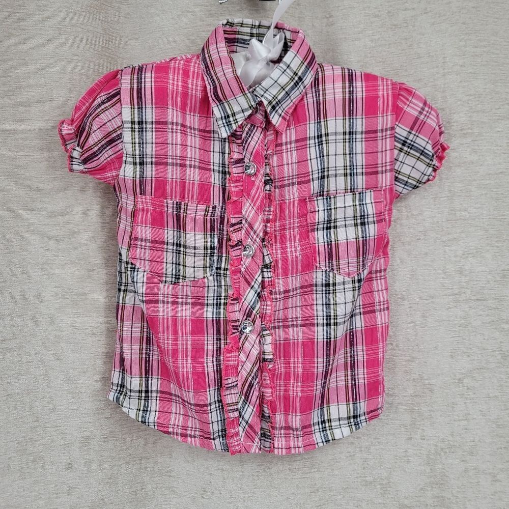Diva Y2K Rhinestone Western Shirt Pink Black Metallic Silver Plaid Short Sleeves